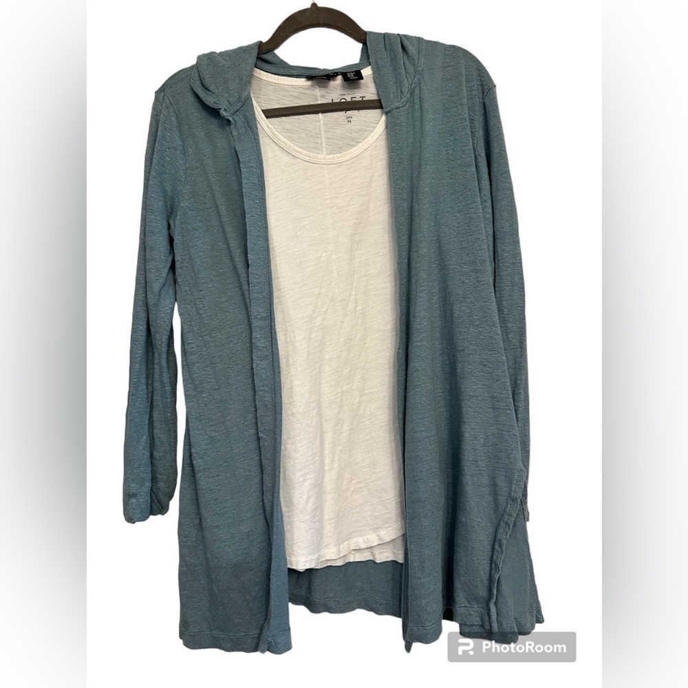 Tahari 100% Linen Hooded‎ Cardigan Open Front Blue Green Medium Everyday Casual